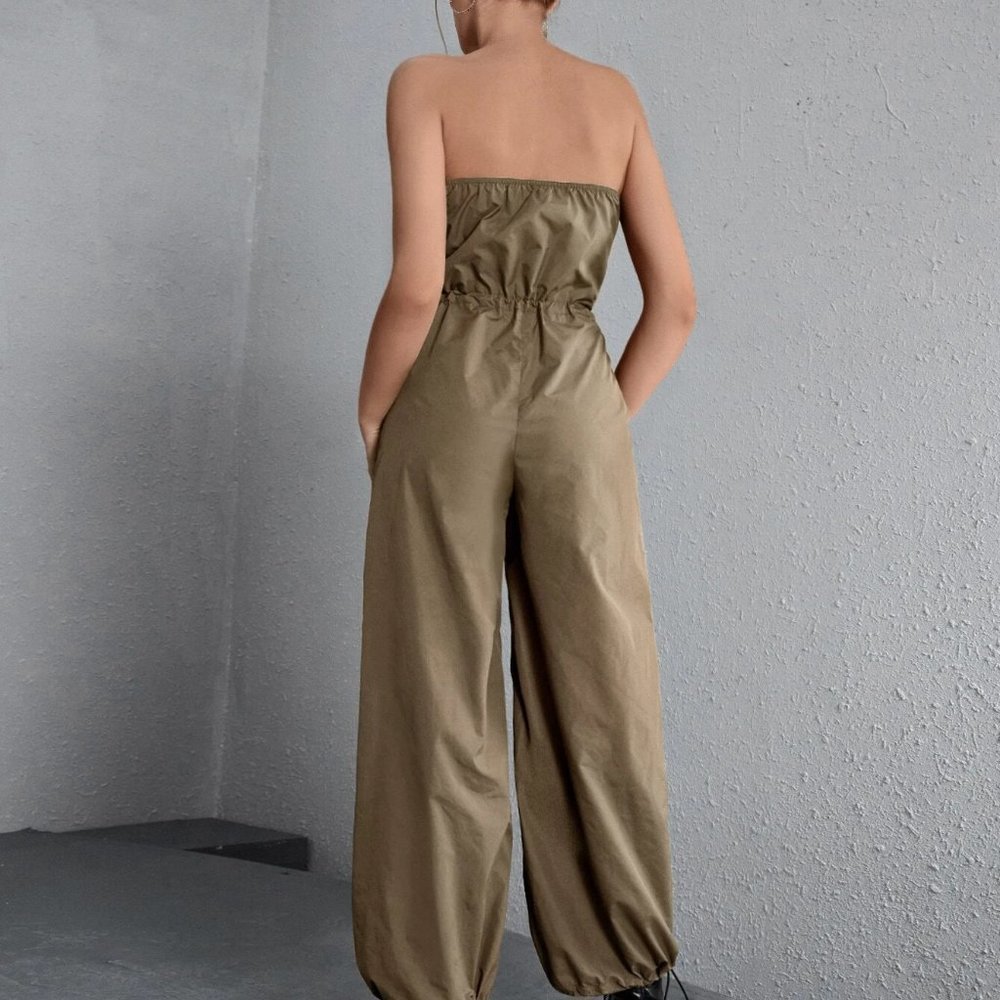Army Green Boho Womens Drawstring Waist Tube Parachute Jumpsuit - Picture 2 of 5